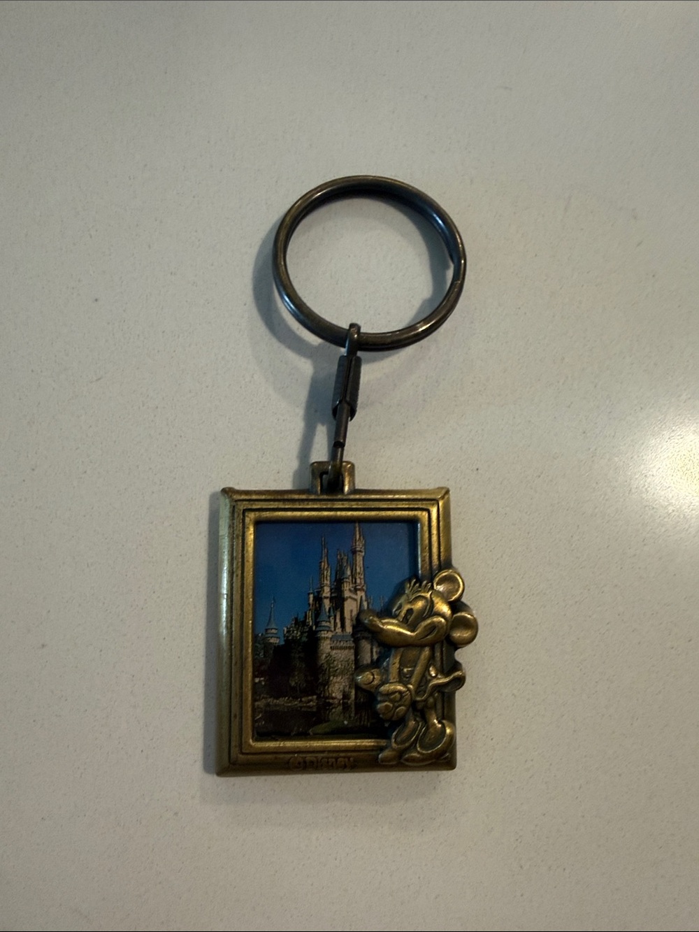 Disney Bronze-Tone Mickey Mouse Frame Keychain with Blue Castle Image